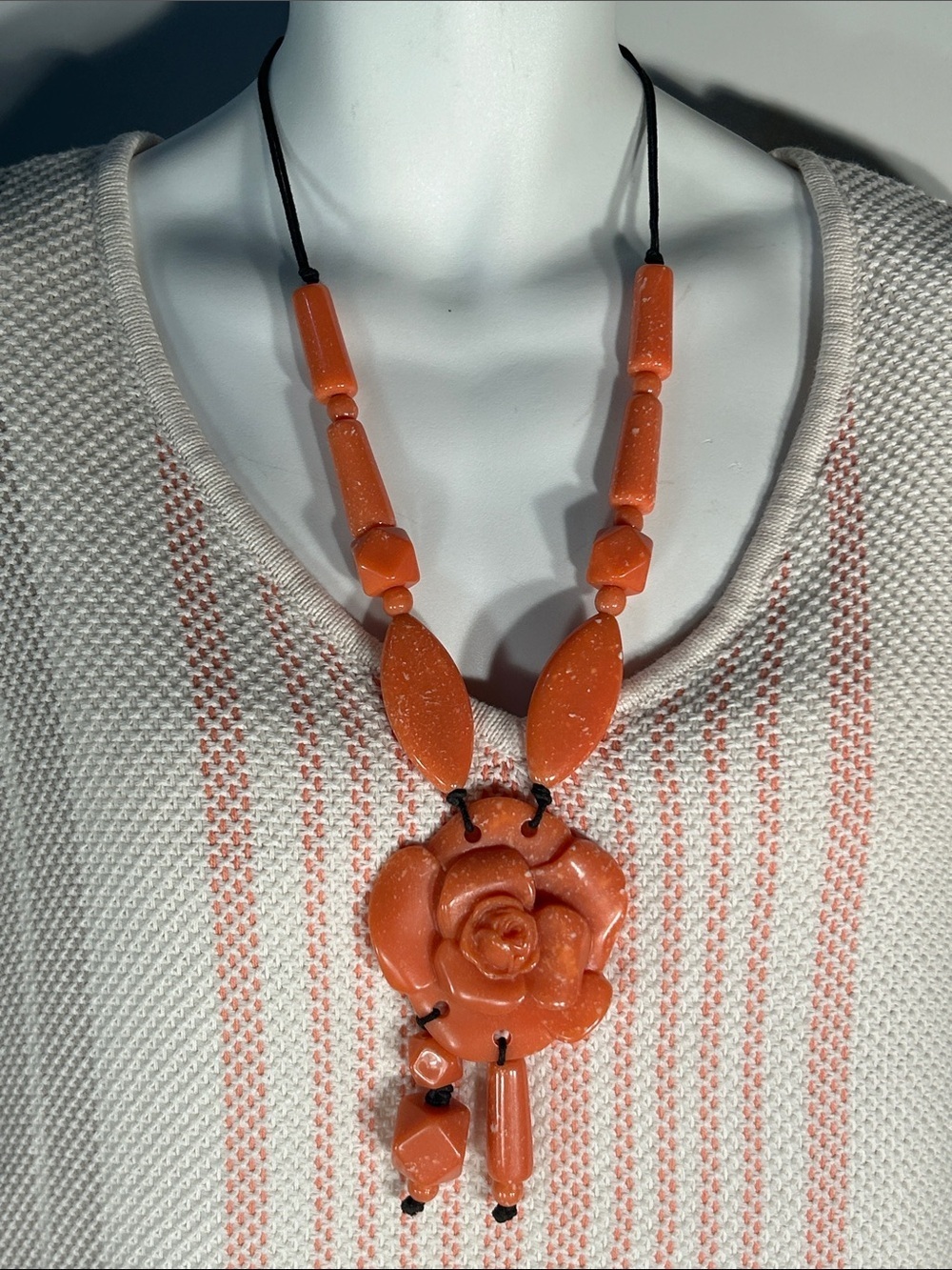 Coral Color Carved Rose Pendant Necklace Boho Chic Cottage Coquette Artsy